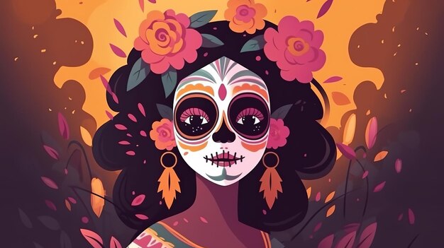 Día de los Muertos o Dia de los muertos con retrato de niña maxican con máscara de carnaval del día de los muertos