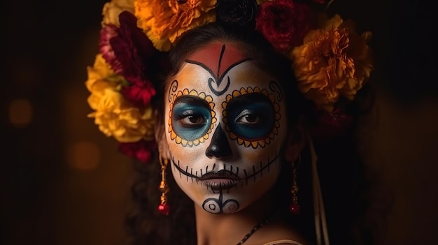 Día de los Muertos o Dia de los muertos con retrato de niña maxican con máscara de carnaval del día de los muertos