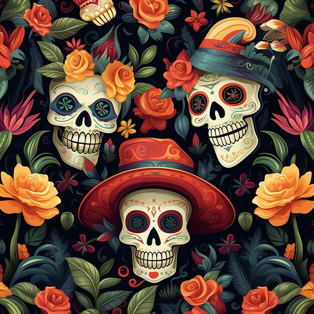 Día de los Muertos patrón festivos mexicanos cráneos y flores generativo ai