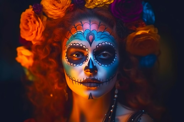 Dia de los muertos retrato de Calavera Catrina Mujer joven con maquillaje de cráneo de azúcar Ilustración de IA generativa