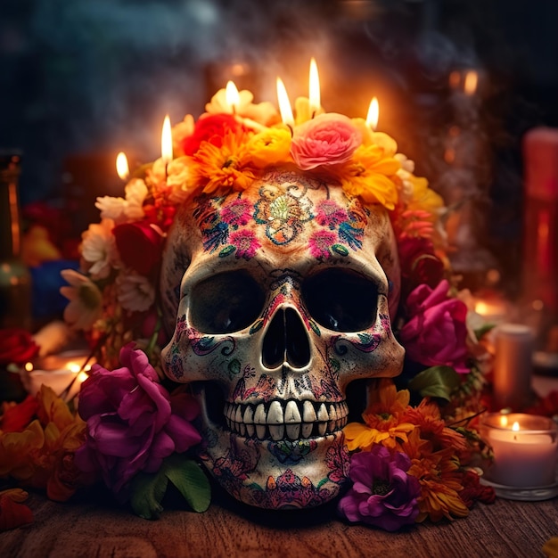 Día de muertos sobre fondo oscuro con flor