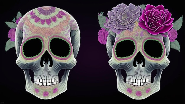 Foto día de muertos vistas frontales ilustración de calavera de azúcar con fondo de flores