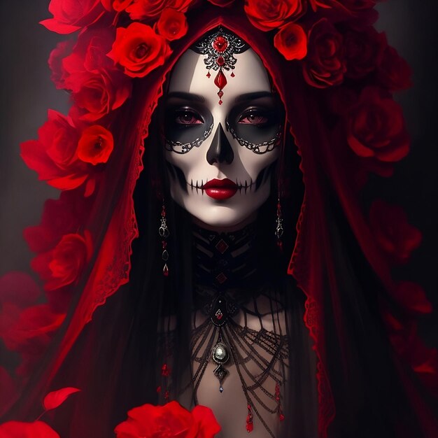 Día de la mujer muerta con rosas rojas