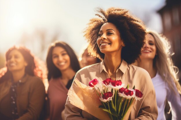 Día de la Mujer con mujeres diversas unidas en una celebración que muestra el empoderamiento