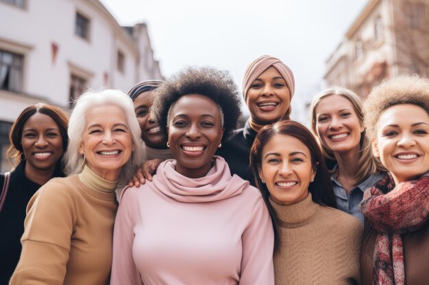 Día de la Mujer con mujeres diversas unidas en una celebración que muestra el empoderamiento