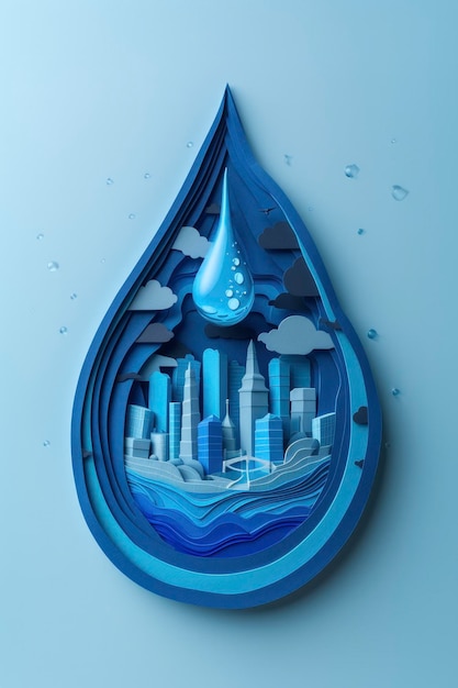 Día Mundial del Agua Ahorre agua con una ciudad dentro de una gota de agua Una fusión de ilustración de papel y arte 3D