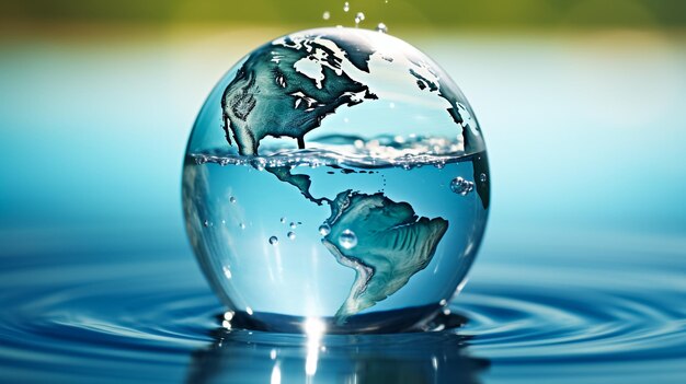 Foto día mundial del agua un globo en forma de gota de agua cayendo sobre la mano del niño en el mar azul