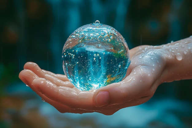 Foto día mundial del agua las manos de los niños con un globo limpio en forma de gota de agua en el fondo es natural bl suave