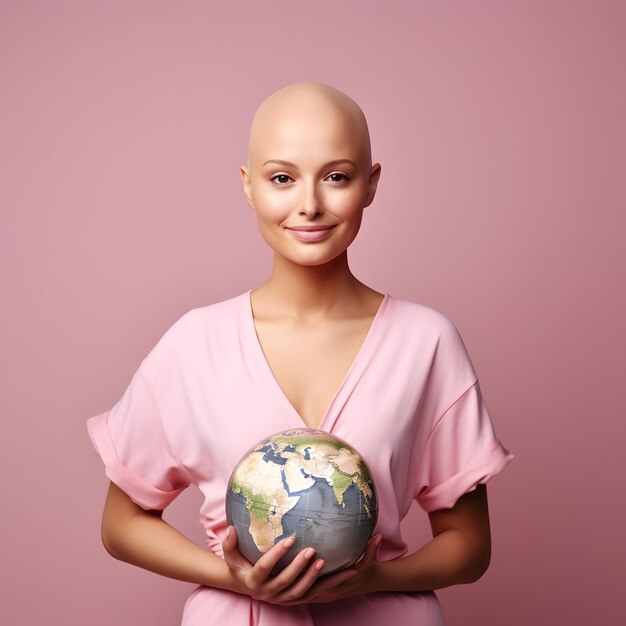 Día Mundial del Cáncer 4 de febrero Día de concienciación sobre el cáncer en las redes sociales Mujer sin pelo con globo terrestre