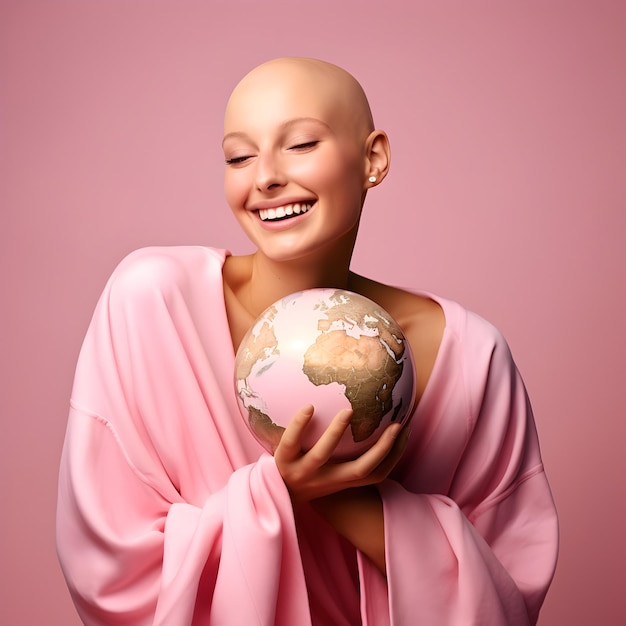 Foto día mundial del cáncer 4 de febrero día de concienciación sobre el cáncer en las redes sociales mujer sin pelo con globo terrestre