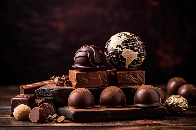 Día Mundial del Chocolate Una selección de bombones con un globo terráqueo encima