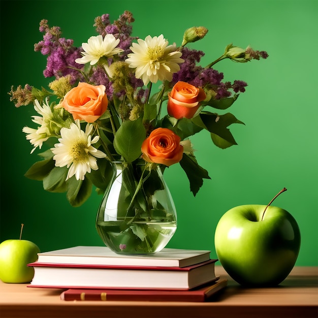 día mundial del conocimiento, un jarrón con flores en un jarrón está sobre la mesa, libros sobre la mesa, una manzana