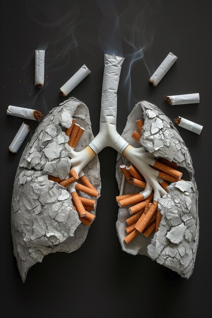 Foto día mundial contra el tabaco prevención del tabaquismo pulmones y cigarrillos cenicero con colillas de cigarrillos