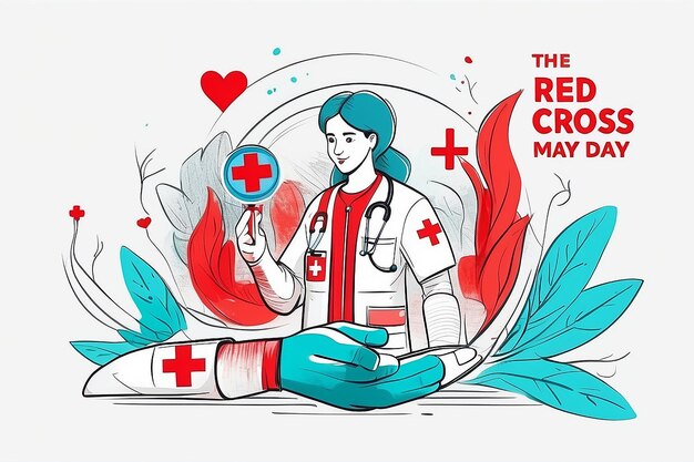 Día Mundial de la Cruz Roja el 8 de mayo Ilustración de la salud médica y el suministro de sangre a mano dibujada para banderas web o plantillas de páginas de aterrizaje