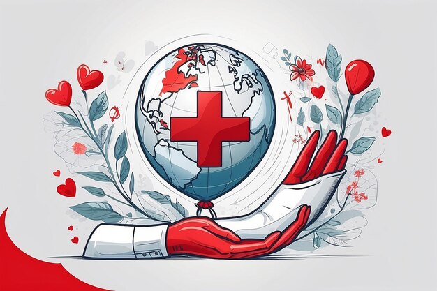 Día Mundial de la Cruz Roja el 8 de mayo Ilustración de la salud médica y el suministro de sangre a mano dibujada para banderas web o plantillas de páginas de aterrizaje