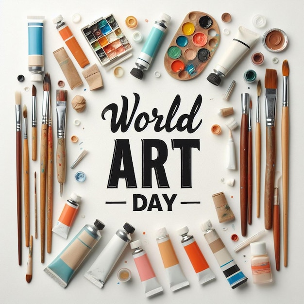 Dia Mundial da Arte com suprimentos de arte, incluindo tubos de pintura e pincéis
