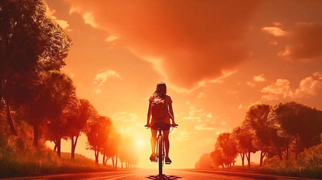 Foto dia mundial da bicicleta conceito de andar de bicicleta fundo pôr do sol