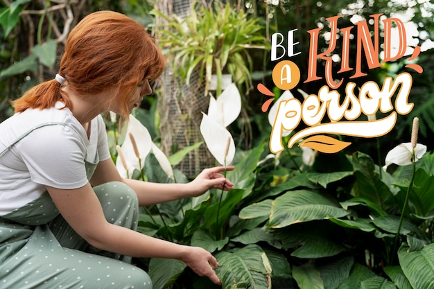 Dia mundial da bondade com mulher cuidando de plantas