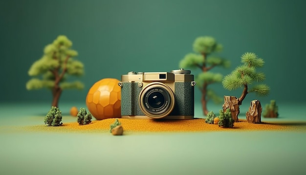 Dia mundial da fotografia conceito mínimo de objetos sobre fotografia Câmera com fundo minimalista