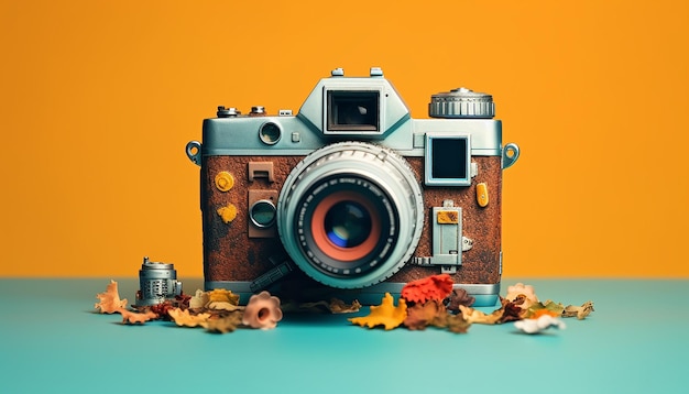Dia mundial da fotografia conceito mínimo de objetos sobre fotografia Câmera com fundo minimalista
