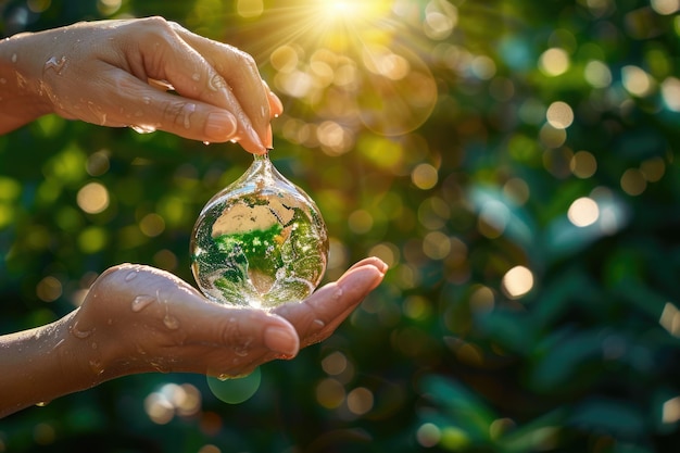 Dia Mundial da Água Terra Sol Mãos Gotas Fundo verde