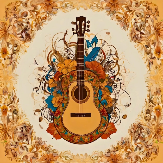 Foto dia mundial da música conceito de guitarra de música feito com símbolos musicais versão de cor ai gerado