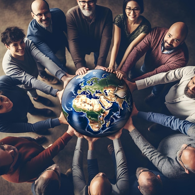 Foto dia mundial da população grupo de pessoas de mãos dadas ao redor do globo