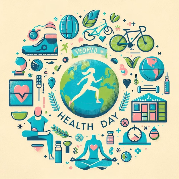 Dia Mundial da Saúde Clipboard com estetoscópioCoração Planeta Terra máscara médica e comprimidos em luz
