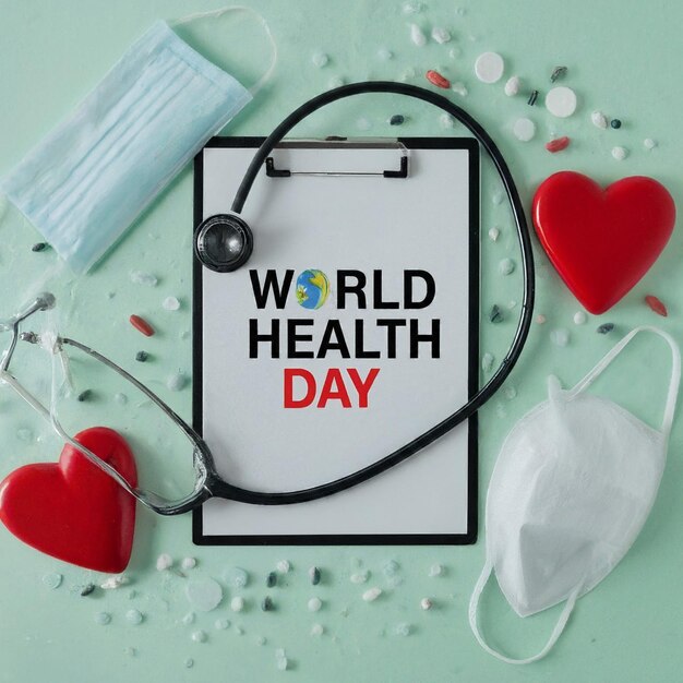 Foto dia mundial da saúde clipboard com estetoscópiocoração planeta terra máscara médica e comprimidos em luz
