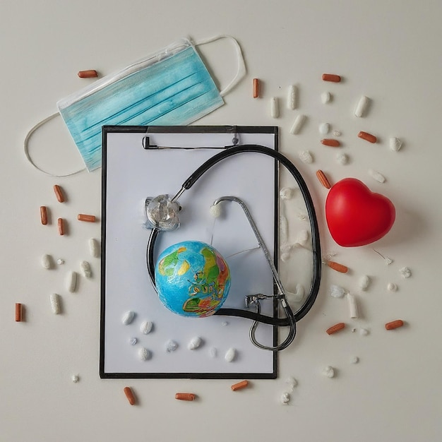 Foto dia mundial da saúde clipboard com estetoscópiocoração planeta terra máscara médica e comprimidos em luz