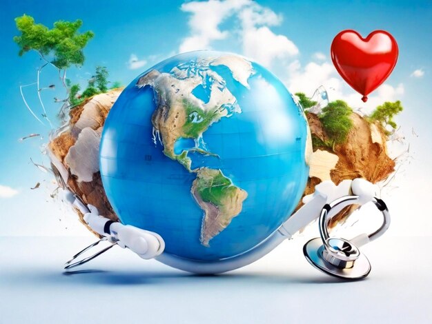 Foto dia mundial da saúde do globo coração da terra com estetoscópio imagem gerada por ia