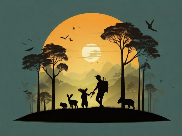 Dia Mundial da Vida Selvagem com animais em silhueta e texto em cor de pôr-do-sol no fundo Dia Mundial da vida selvagem
