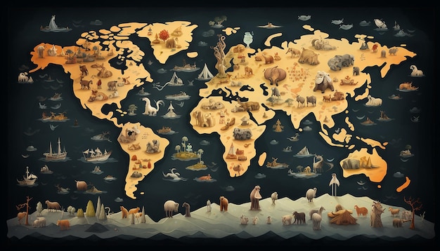 Dia Mundial da Vida Selvagem um mapa do mundo com diferentes ícones de animais