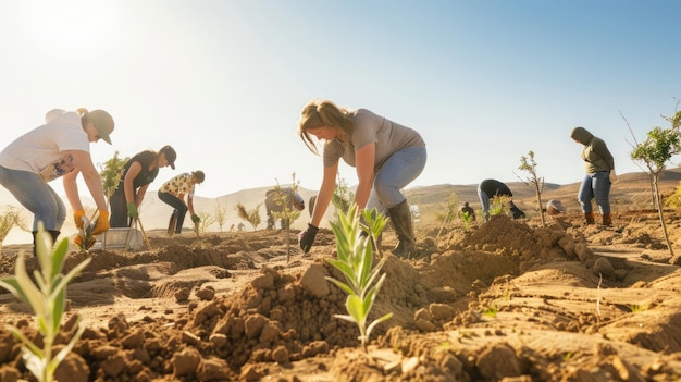 Dia Mundial de Combate à Desertificação e à Seca 17 de junho Renascimento de áreas arenosas com plantação de árvores por voluntários sob o sol brilhante