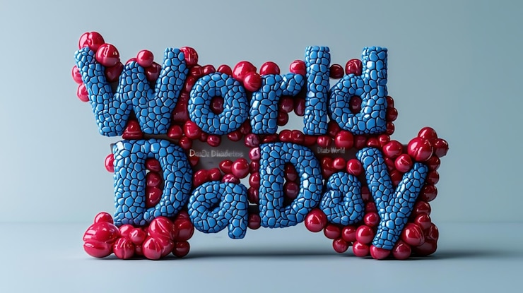 Foto día mundial de la diabetes texto azul en 3d para la concienciación sobre la diabetes cinta sobre un fondo azul claro
