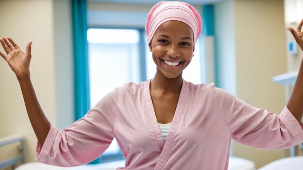 Foto dia mundial do câncer retrato de mulher feliz no hospital lenço sobrevivente de câncer