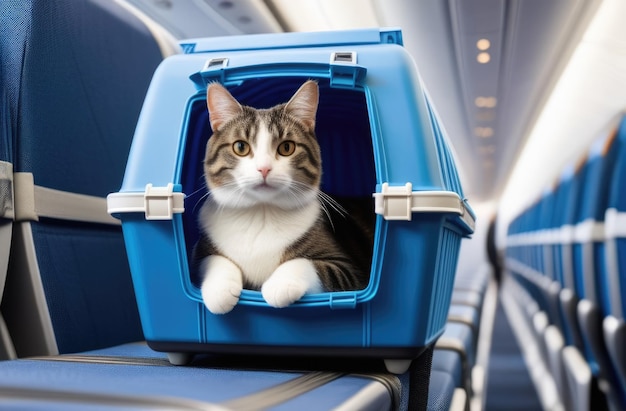 Dia Mundial do Gato transporte de animais de estimação em transporte viajando com animais de companhia um gato em um avião um gato cinzento listrado em um transportador