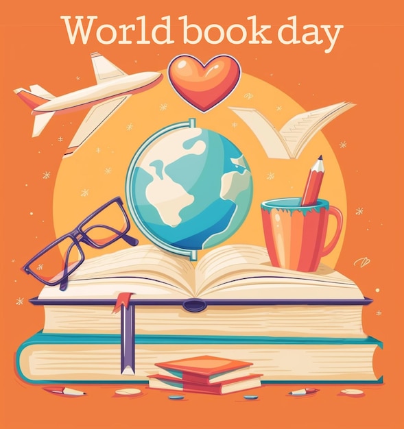 Dia Mundial do Livro: 23 de Abril: cartão com copos de livro de avião