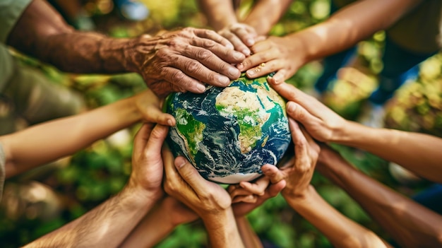 Dia Mundial do Meio Ambiente com a equipe da comunidade global As mãos estão segurando o mapa do mundo