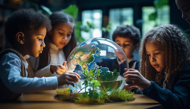 Foto dia mundial do meio ambiente uma foto de crianças em uma sala de aula interagindo com um globo modelo
