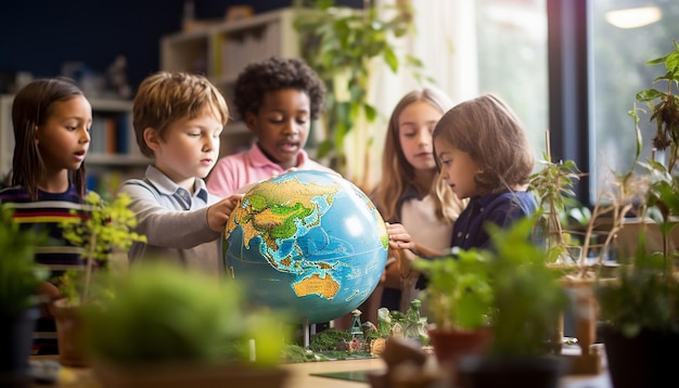 Foto dia mundial do meio ambiente uma foto de crianças em uma sala de aula interagindo com um globo modelo