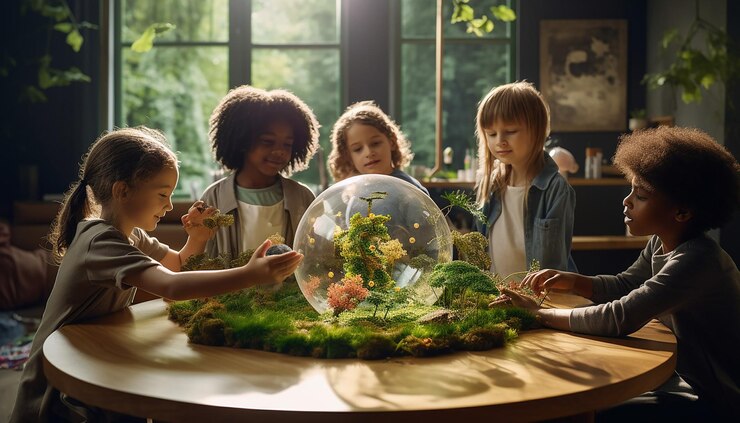 Foto dia mundial do meio ambiente uma foto de crianças em uma sala de aula interagindo com um globo modelo