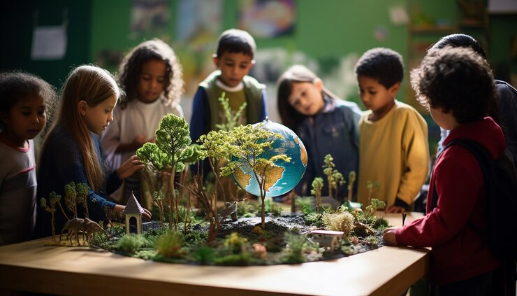 Foto dia mundial do meio ambiente uma foto de crianças em uma sala de aula interagindo com um globo modelo