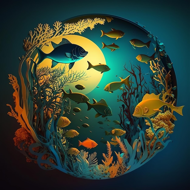 Dia Mundial do Oceano Animais do mundo marinho subaquático Peixe colorido Generative Ai