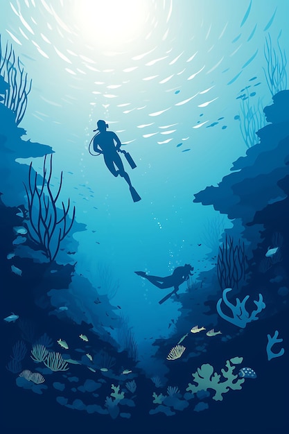 Dia Mundial do Oceano com Mergulhadores Subaquático Estilo Monótono Azul Arte de Poster Criativo do Dia Internacional