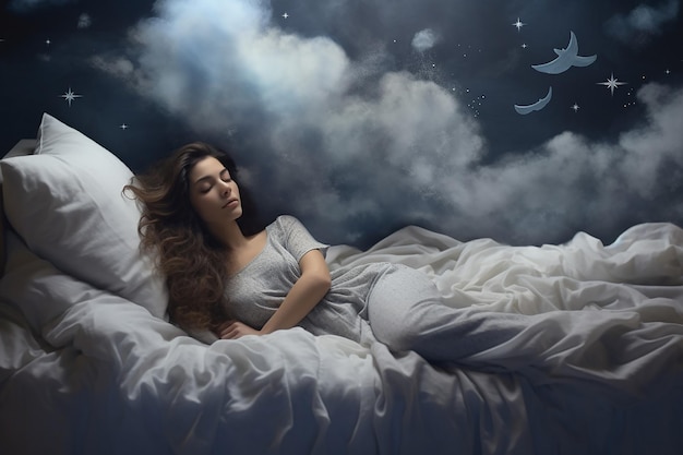 Dia mundial do sono mulher dormindo na cama com seu sonho