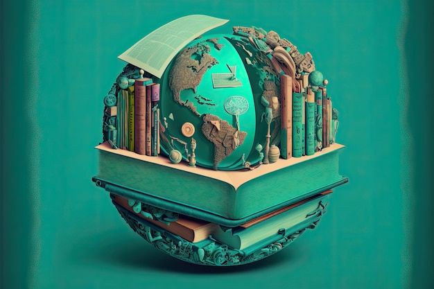 Dia mundial dos livros Muitos livros formando um globo em tom turquesa Generative AI