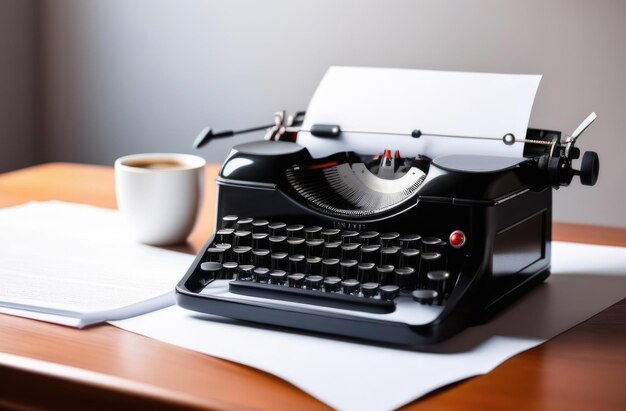 Foto día mundial de los escritores día internacional del libro autores escritorio máquina de escribir retro páginas de libros bocetos taza de café profesor de literatura