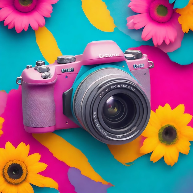 Día mundial de la fotografía foto ilustración acuarela fondo floral estilo 3d cámara colorida