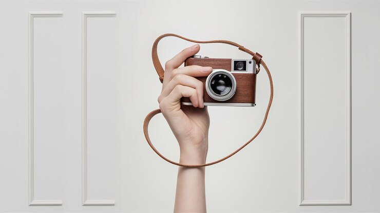 Día Mundial de la Fotografía con una hermosa mano sosteniendo una cámara aislada con diferentes fondos